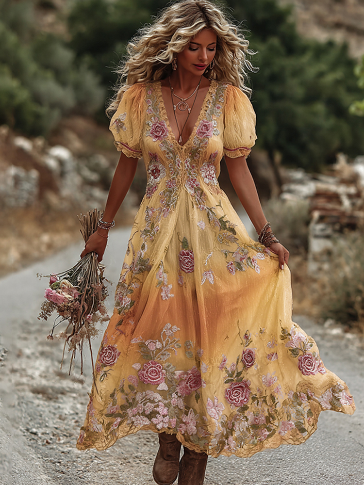 Women's Vintage Rose Embroidery Art Comfy Linen Maxi Dress