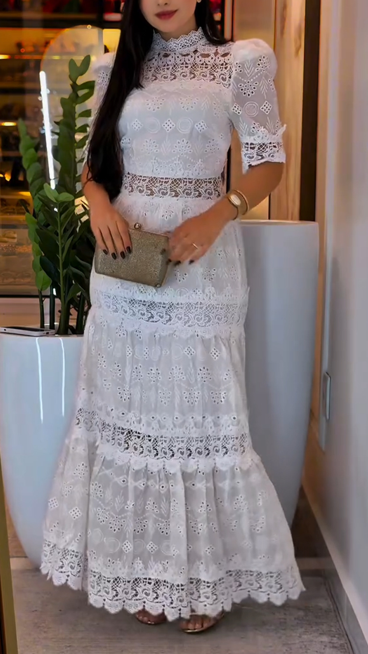 Women Round Neck Splicing Printed Hollow Elegant Casual Temperament Dress