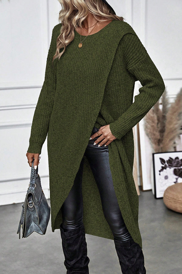 Solid Color Round Neck Long Sleeve Loose Slit Knitted Sweater