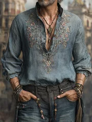 Men's Vintage Floral Embroidered Comfy Linen Shirt