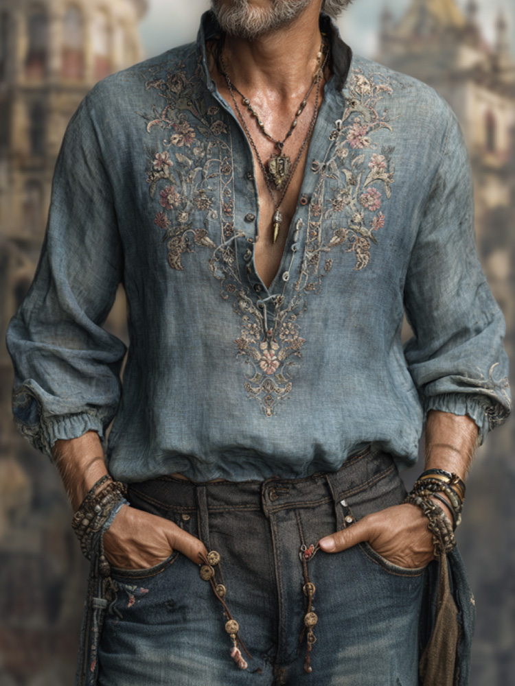 Men's Vintage Floral Embroidered Comfy Linen Shirt