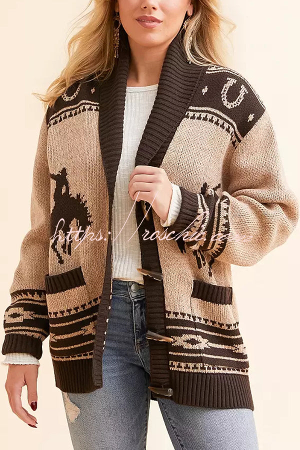 Retro Western Knit Unique Pattern Horn Buttons Pocket Lapel Loose Cardigan