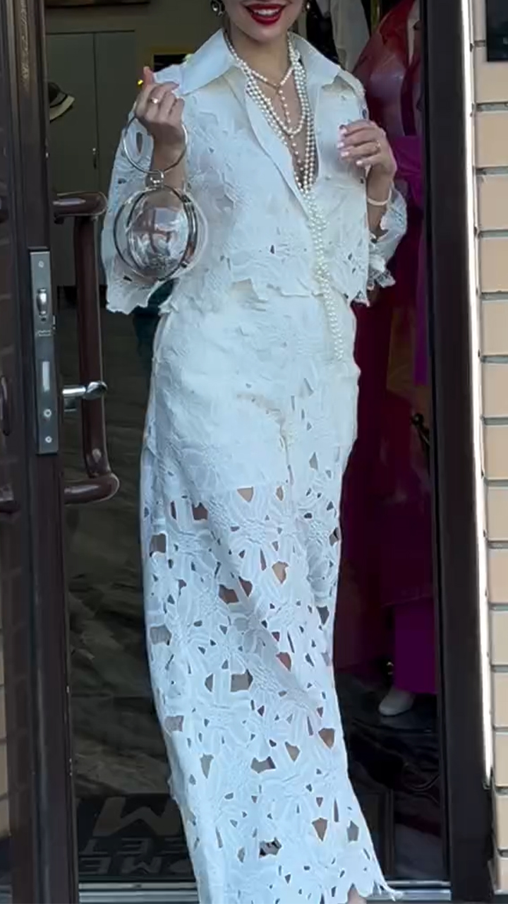 Ladies' Lapel Print Hollow Solid Color Casual Set