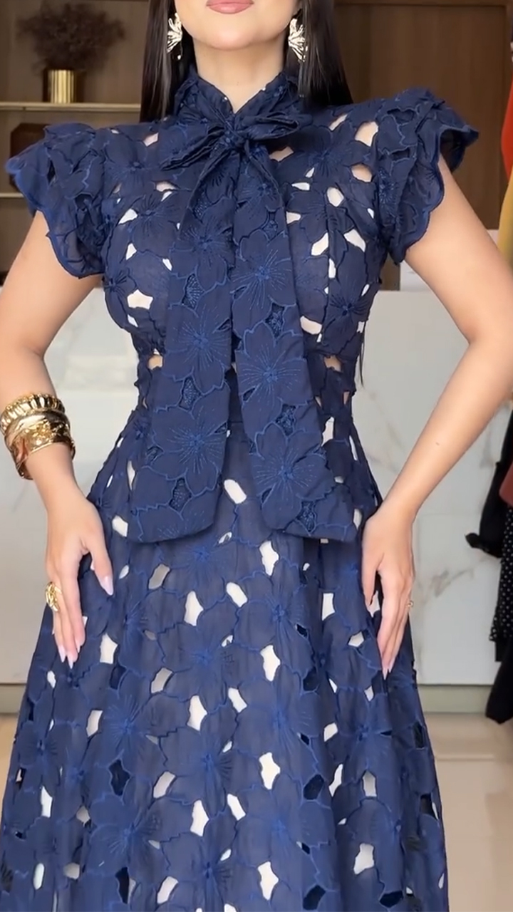 Ladies' Round Neck Printed Hollow Strap Elegant Casual Dress