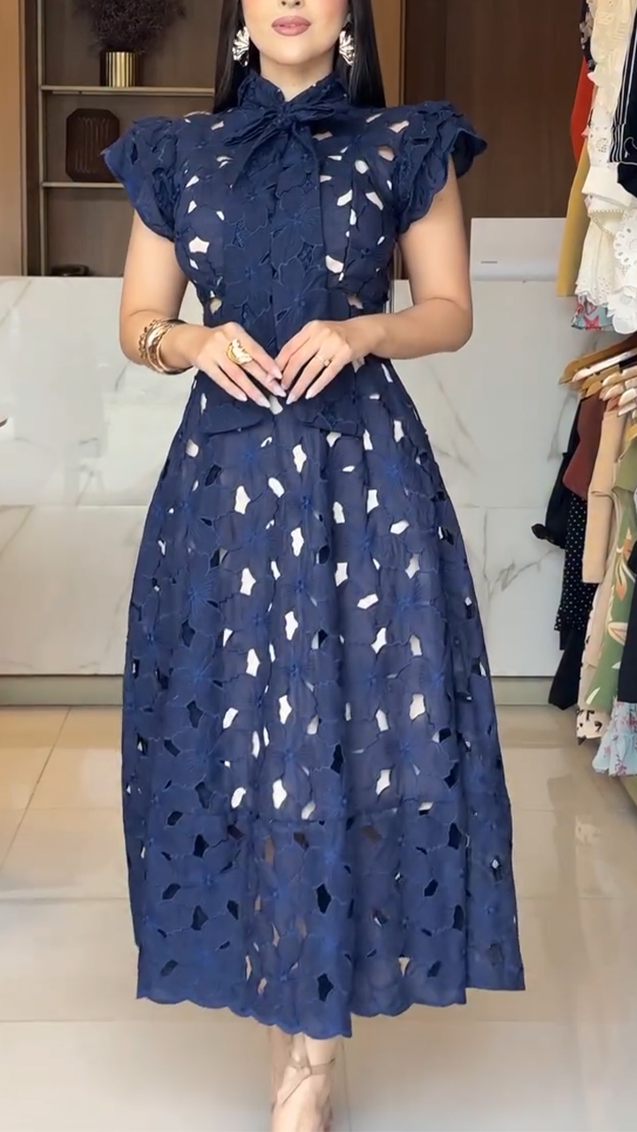 Ladies' Round Neck Printed Hollow Strap Elegant Casual Dress