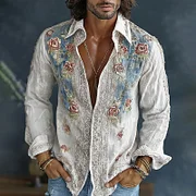 Men's Spring Floral Embroidered Art Print Flowy Linen Blend Casual Shirt