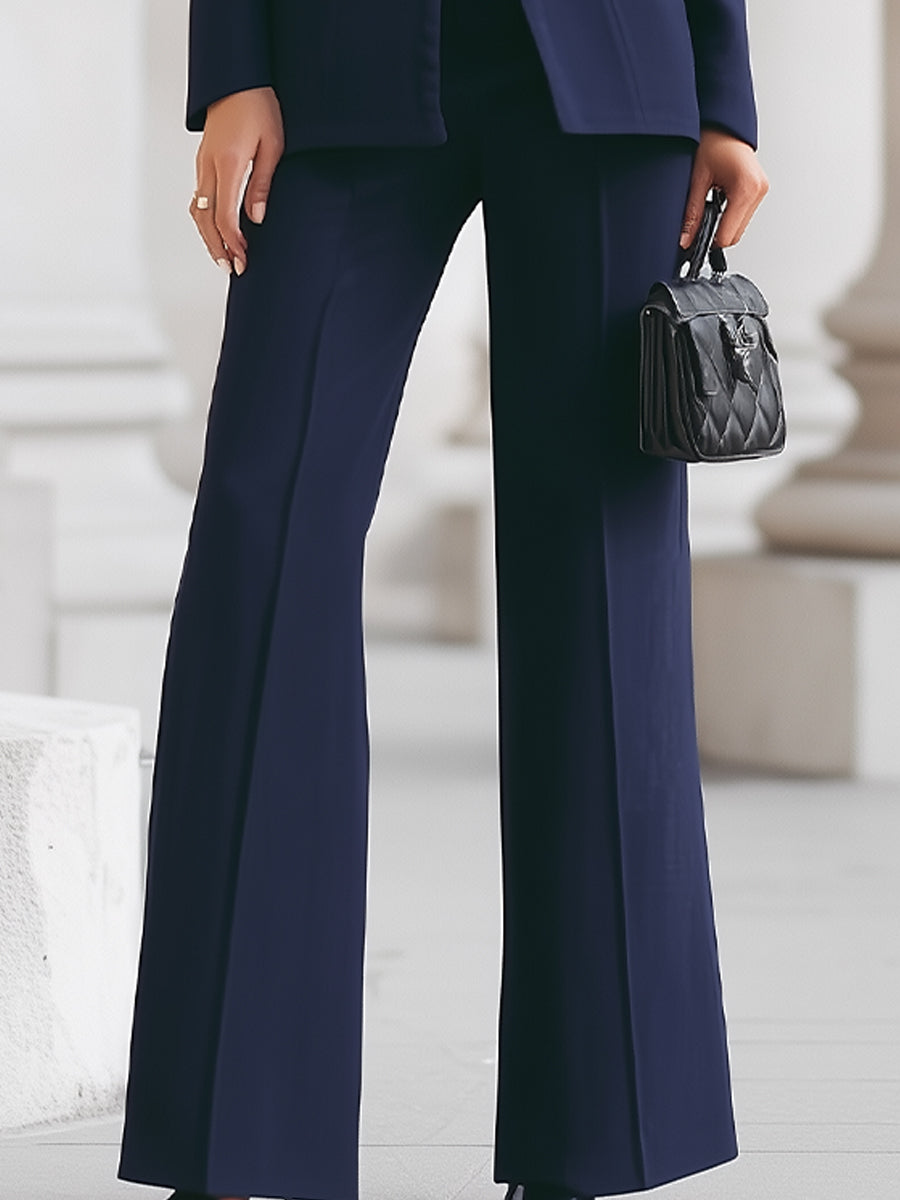 Sophisticated Navy High-Collar Blazer & Wide-Leg Trousers Set