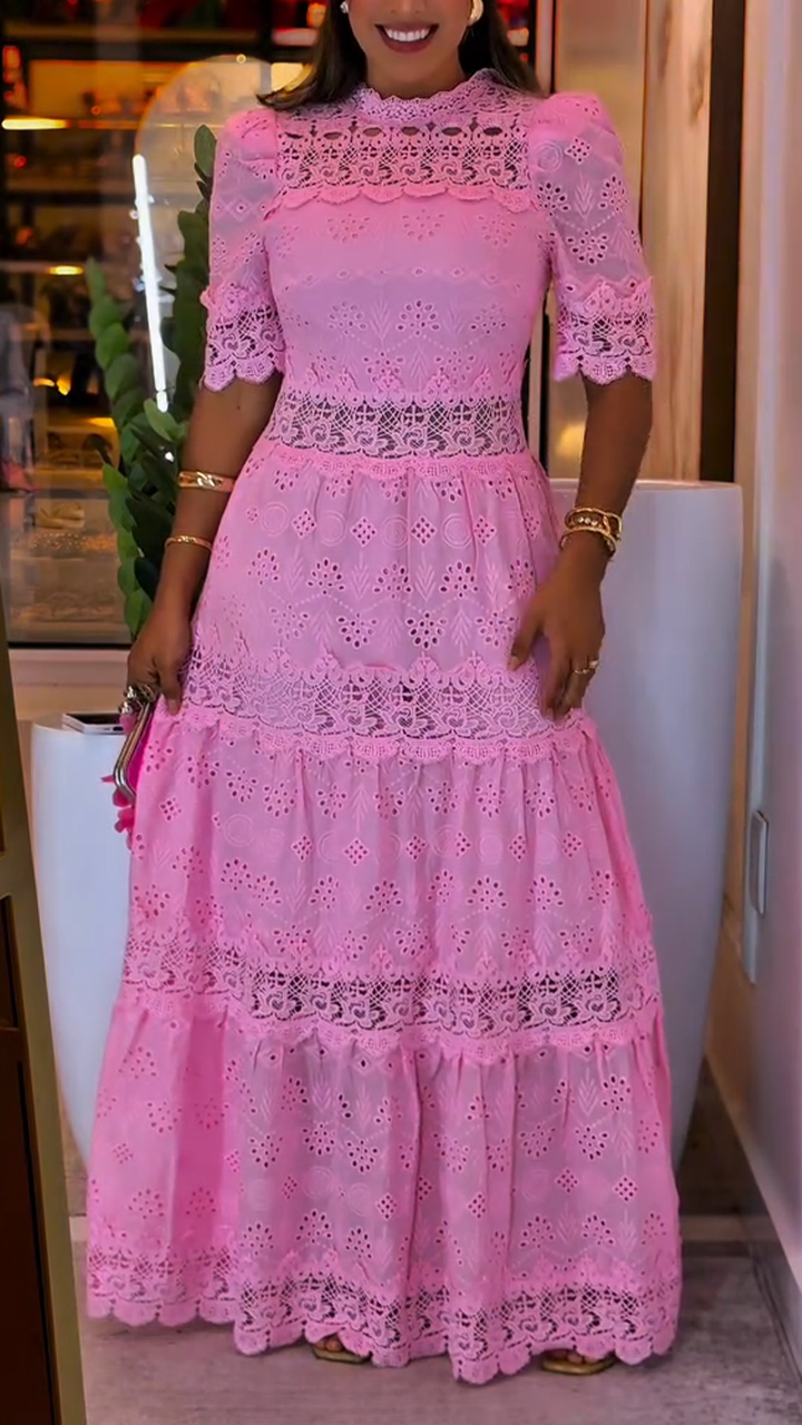 Women Round Neck Splicing Printed Hollow Elegant Casual Temperament Dress