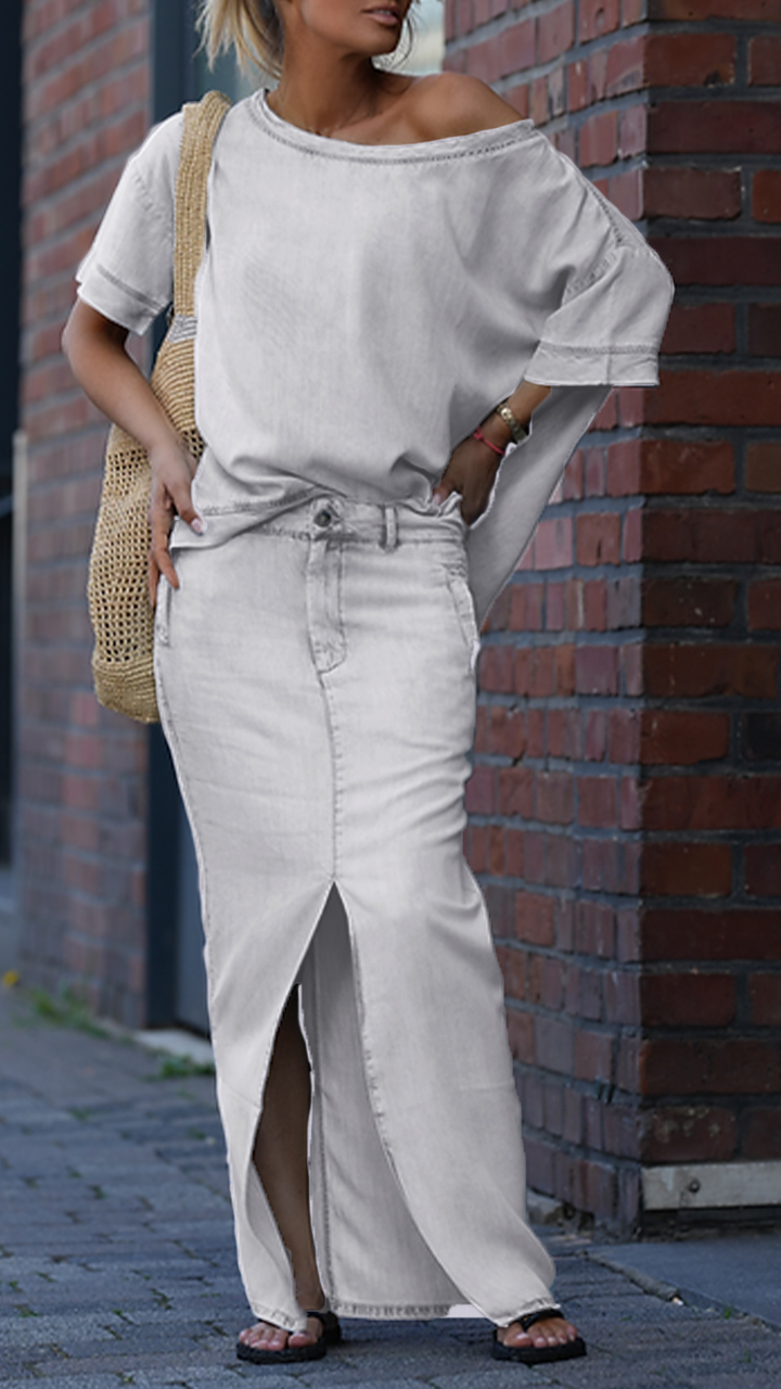 Women's Round Neck Tencel Denim Casual Suit