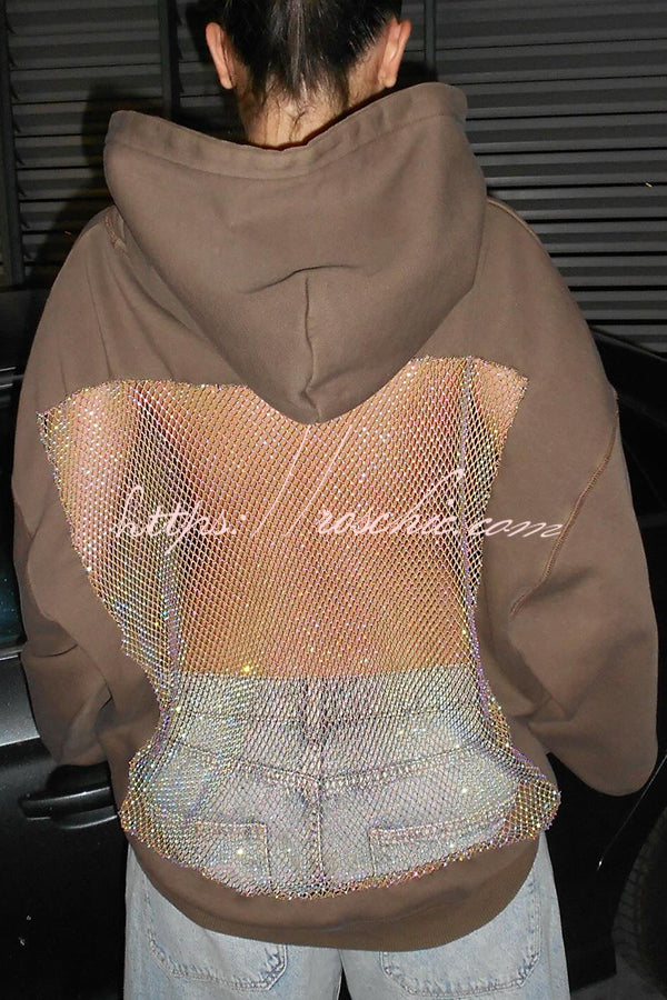 Fashionable Shiny Mesh Hollow Back Loose Long-sleeved Hooded Sweatshirt