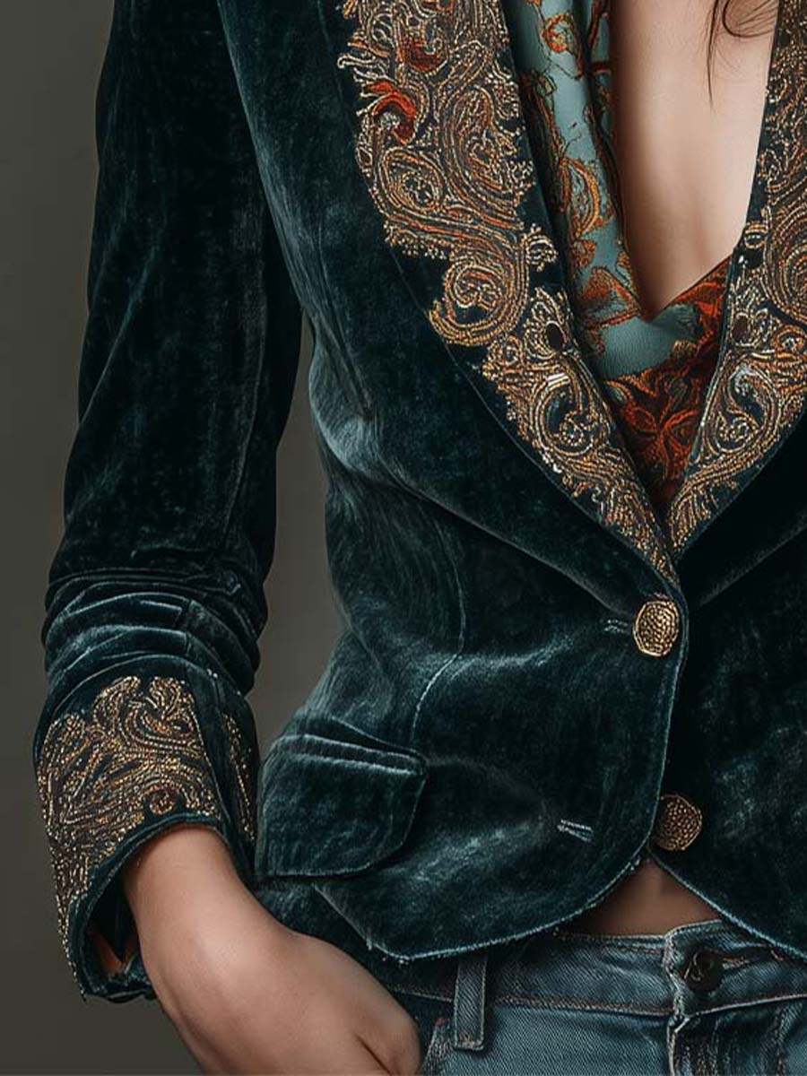 Velvet Blazer With Intricate Embroidered Lapels
