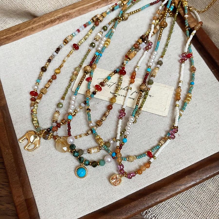 Retro Ethnic Style Small Elephant Picture Stone Glass Geometric Beaded Necklace
