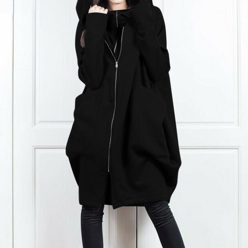 Long Hooded Pocket Zipper Loose Coat With False Two-piece Design