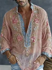 Men's Vintage Spring Floral Embroidered Art Print Flowy Linen Blend Casual Shirt