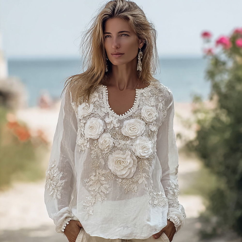 Ladies' French-style Romantic Flower Sequin White V-neck Casual Vintage Long-sleeved Top