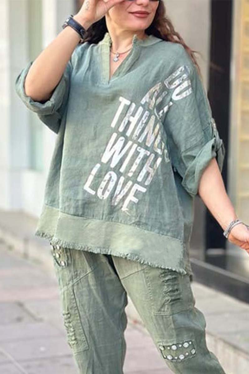 Women's casual letter printed cotton and linen long sleeve top or two-piece set