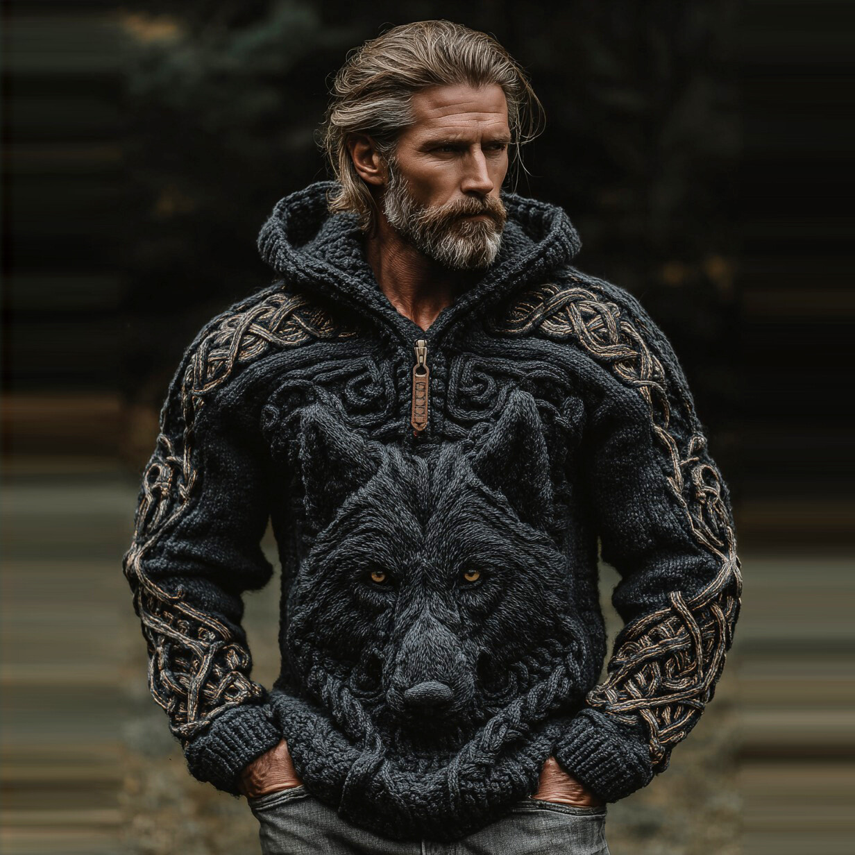 Men's Vintage Viking Wolf Jacquard Knitted Cozy Half-zip Hooded Sweater