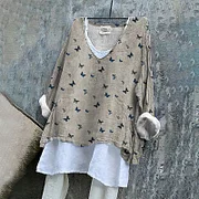 Vintage Butterfly Printed V Neck Casual Blouse