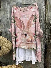 Vintage Rabbit And Floral Round Neck Casual Blouse