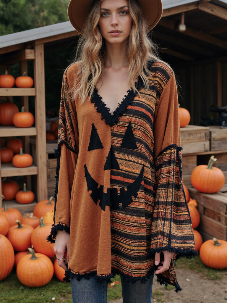 Vintage Patchwork Halloween Pumpkin Face Art Linen Shirt
