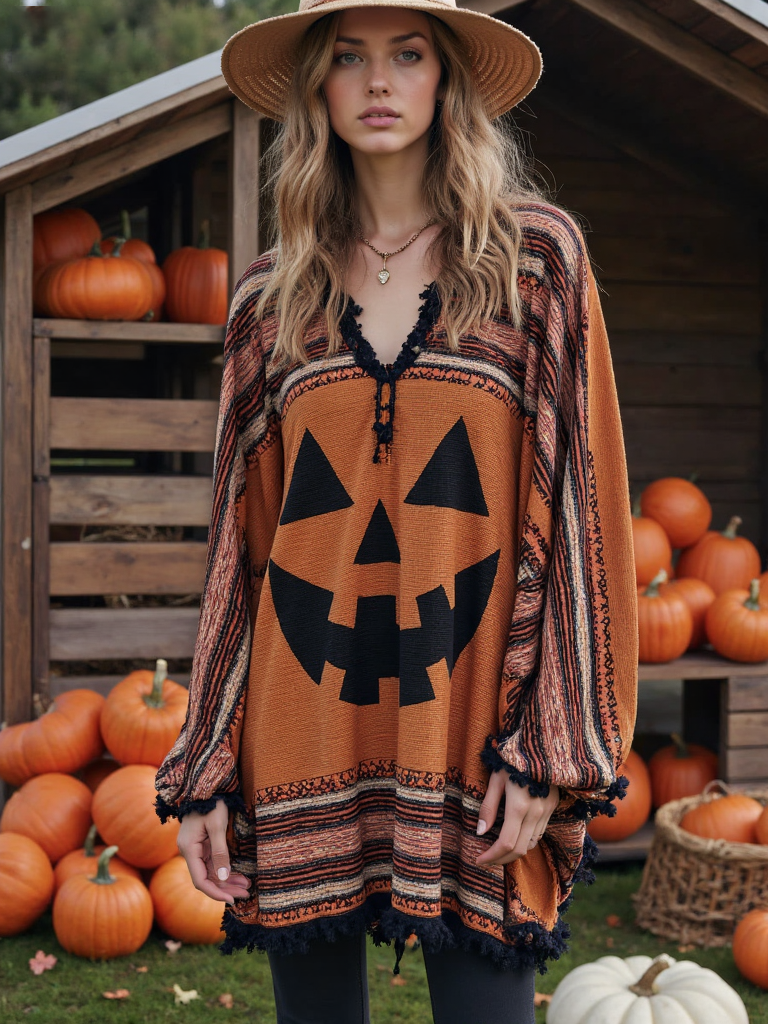 Vintage Patchwork Halloween Pumpkin Face Art Linen Shirt