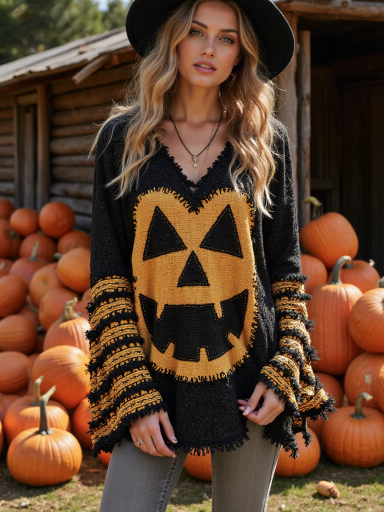 Vintage Patchwork Halloween Pumpkin Face Art Linen Shirt