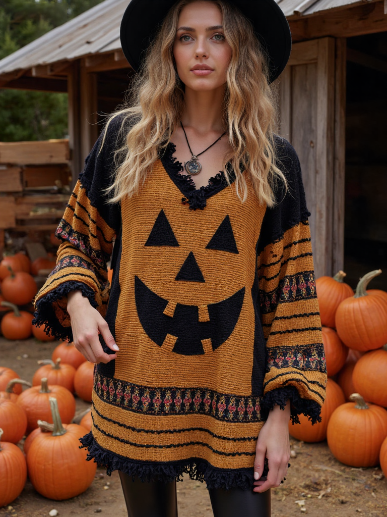 Vintage Patchwork Halloween Pumpkin Face Art Linen Shirt
