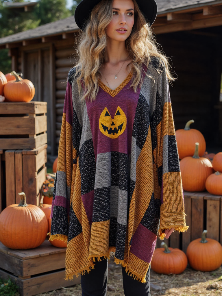 Vintage Patchwork Halloween Pumpkin Face Art Linen Shirt