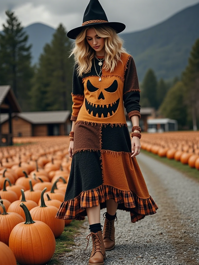 Vintage Halloween Pumpkin Face Patchwork Art Linen Sleeve Dress