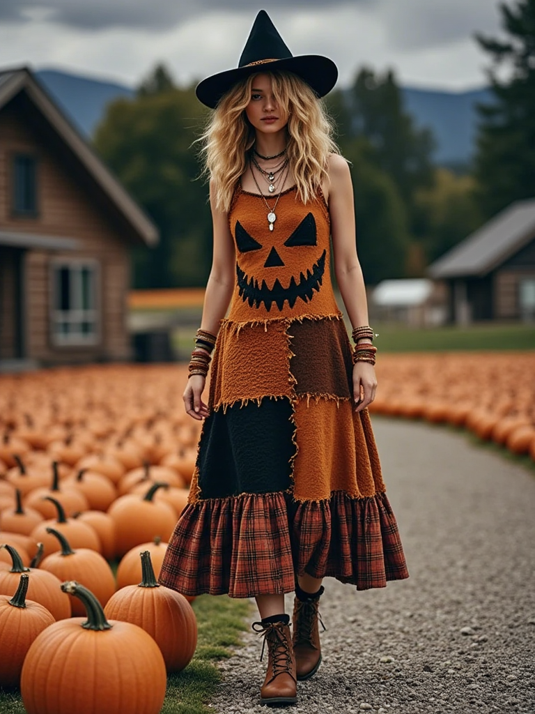 Vintage Halloween Pumpkin Face Patchwork Art Linen Sleeve Dress