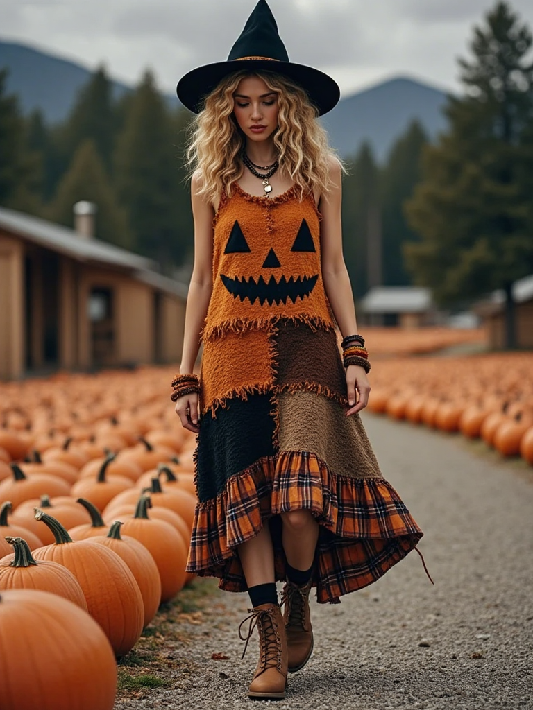 Vintage Halloween Pumpkin Face Patchwork Art Linen Sleeve Dress