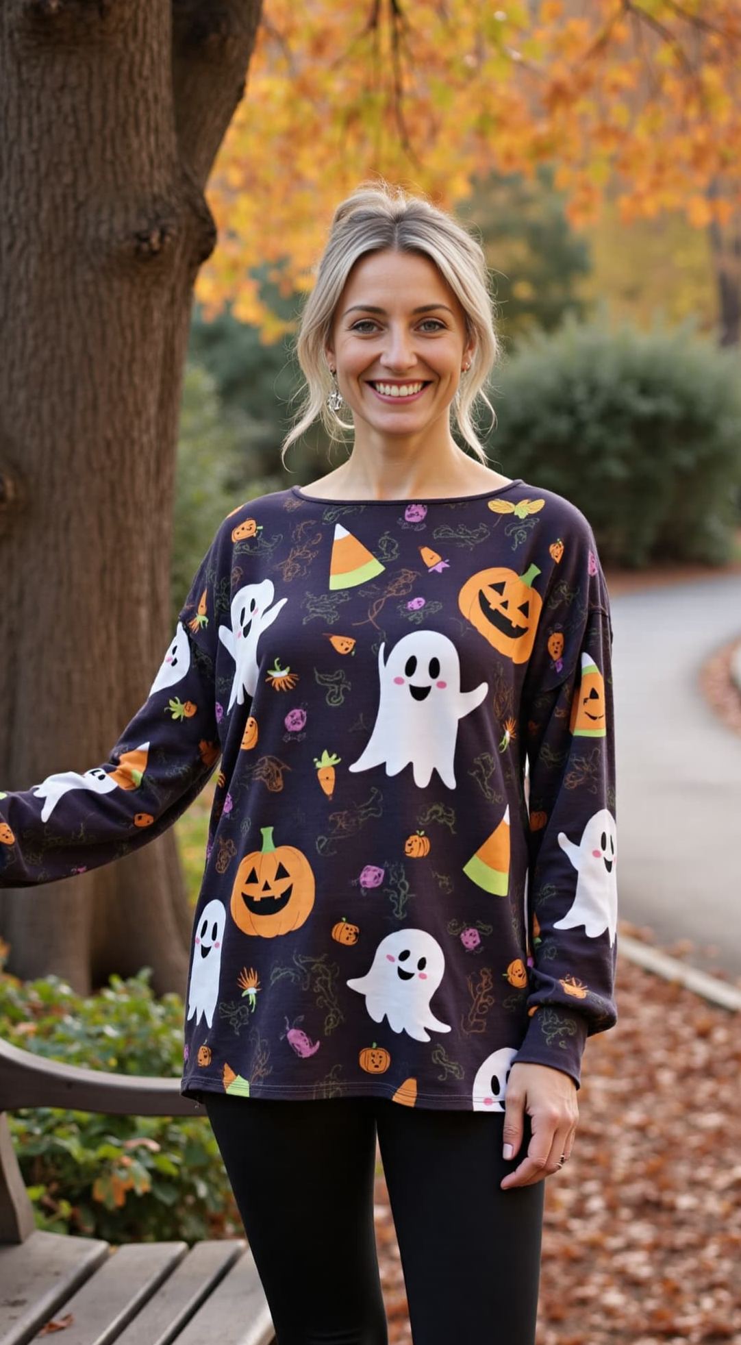 Halloween Women's Pumpkin Vintage Print Crew Neck Long Sleeve T-shirt  
