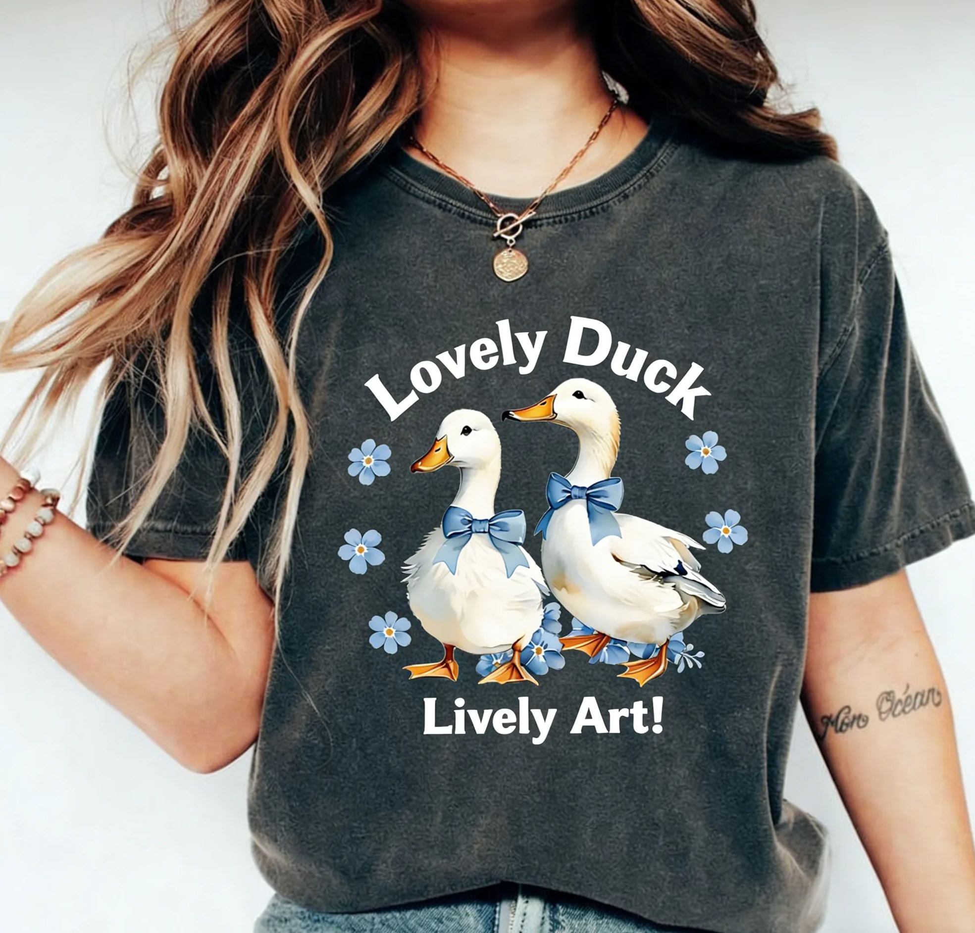 Cute Bow Duck Floral Graphic Cotton T-Shirt