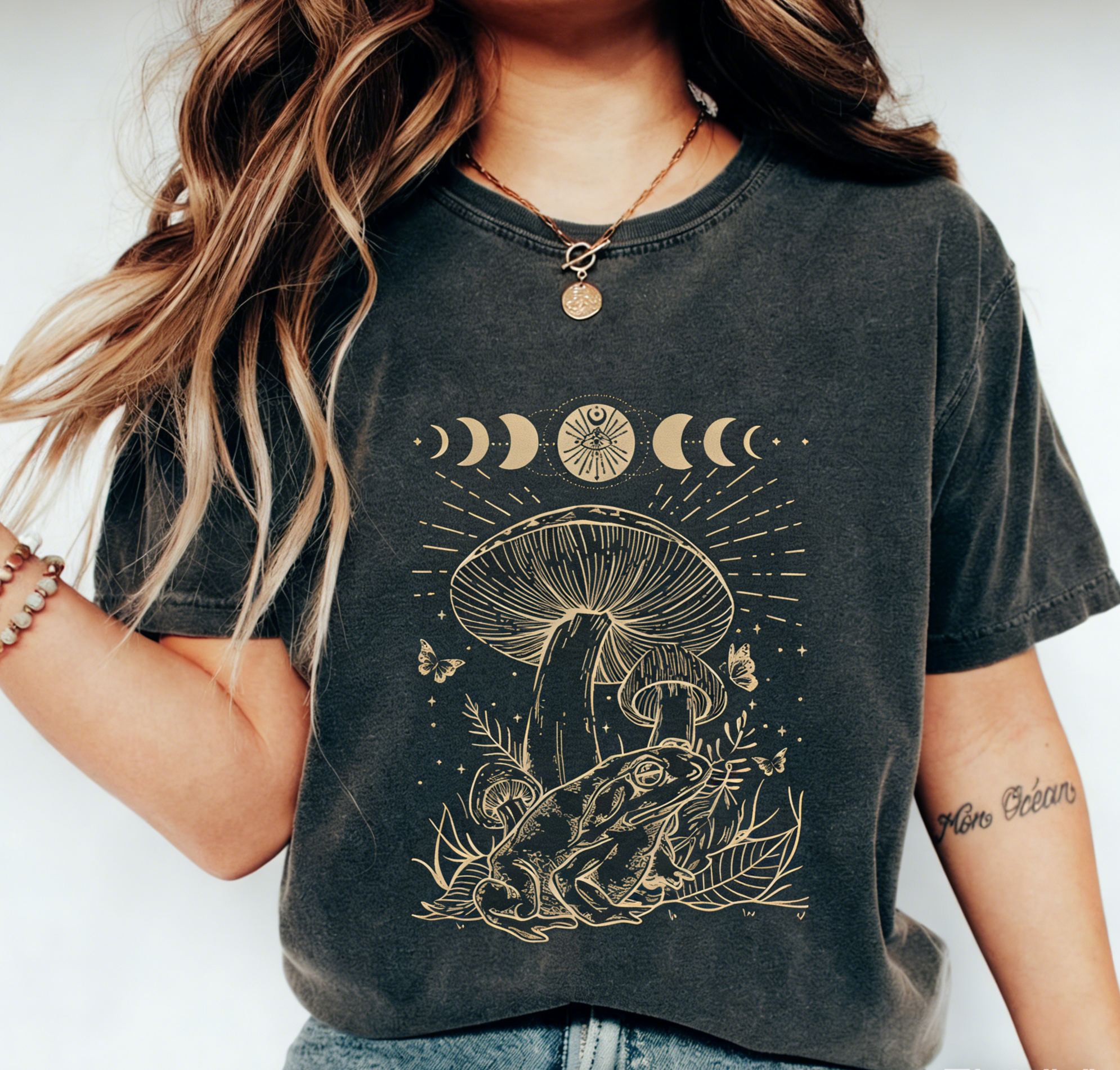 Mystical Moon Phase Mushroom Frog Cotton T-Shirt