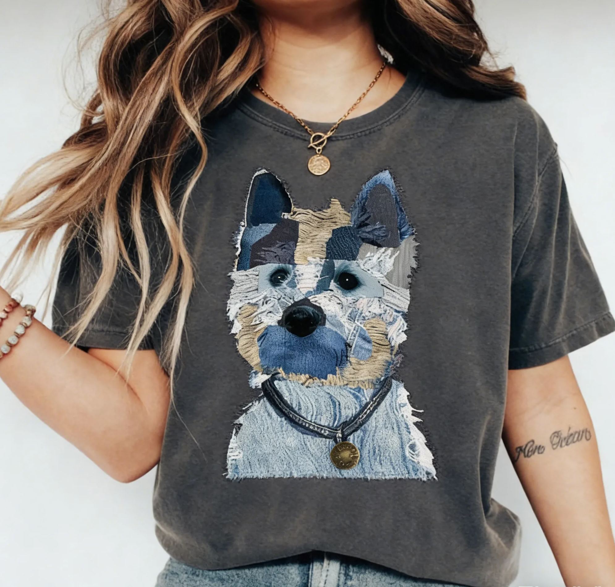 Textured Denim Patchwork Dog Portrait Cotton T-Shirt