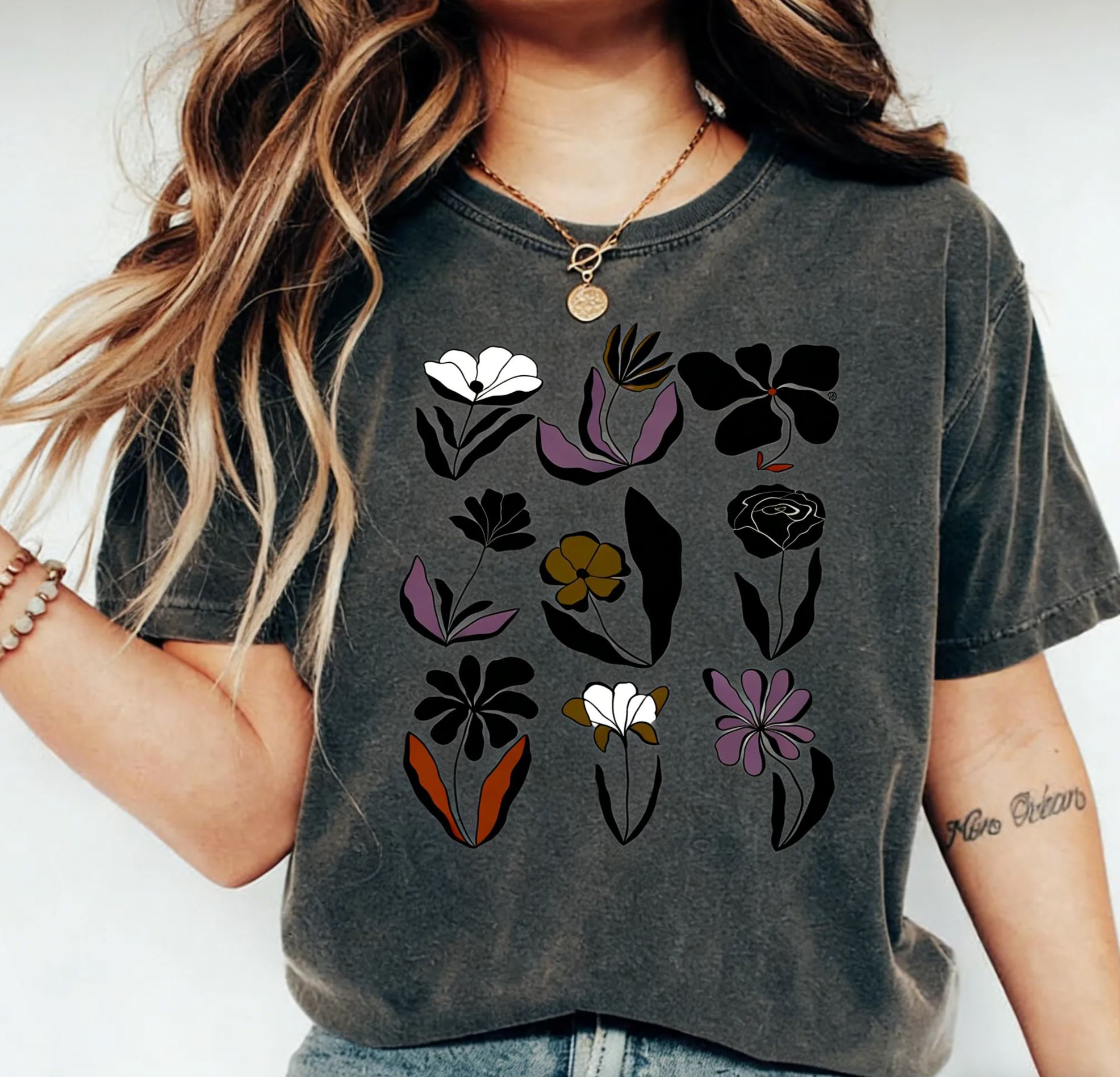 Boho Multicolor Floral Grid Print Cotton T-Shirt