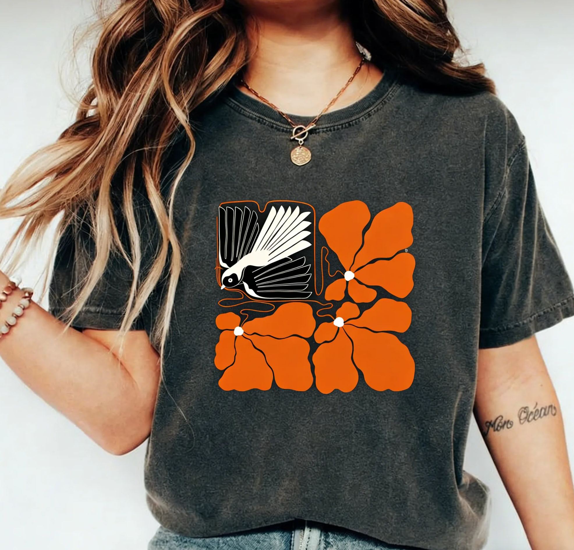 Retro Orange Bird & Floral Block Print Cotton  T-Shirt