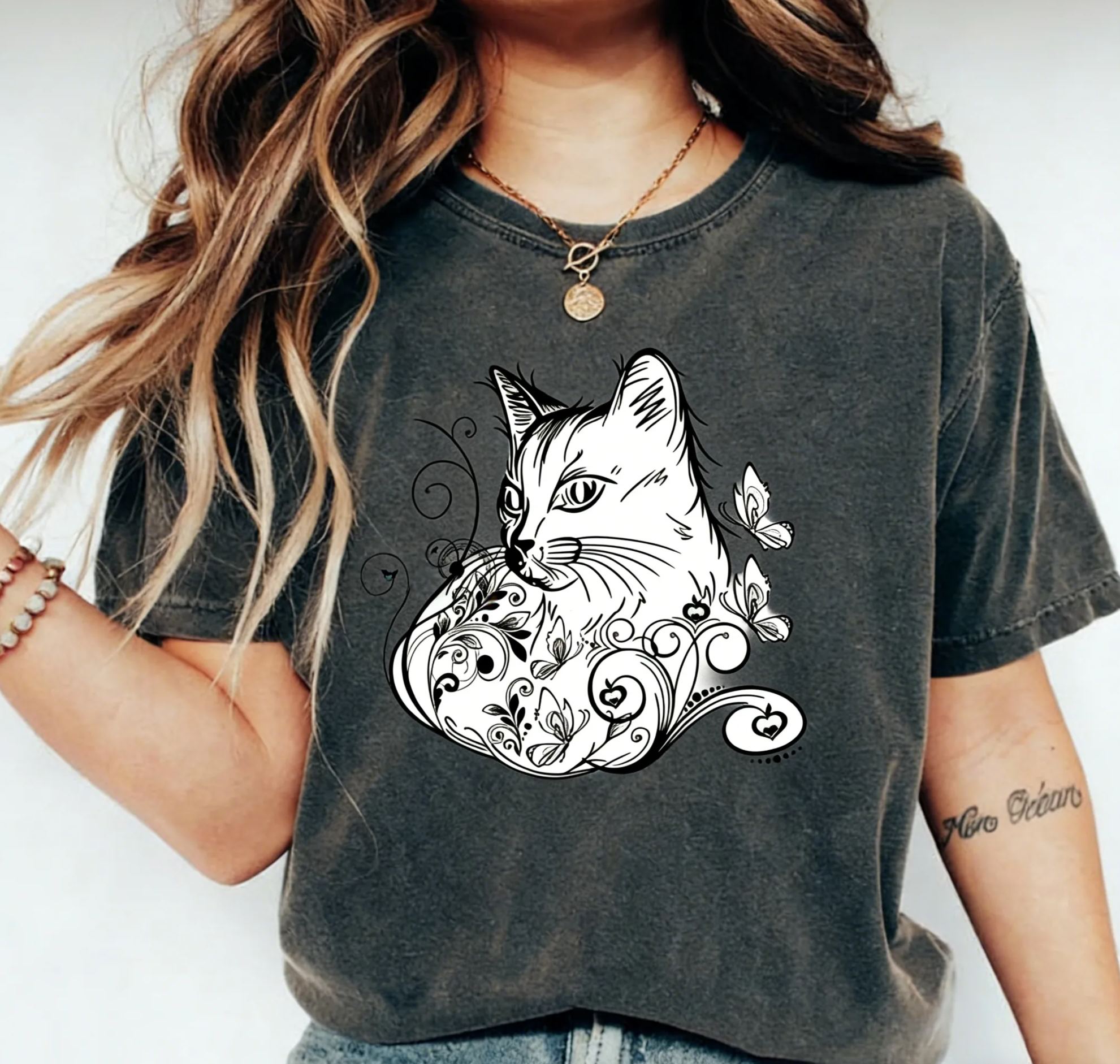 Vintage Floral Cat & Butterfly Line Art Cotton T-Shirt