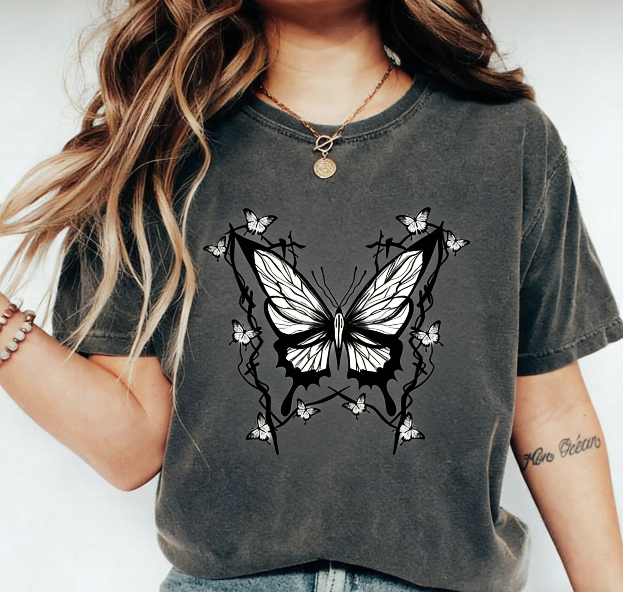 Gothic Thorn Butterfly Black & White Cotton T-Shirt