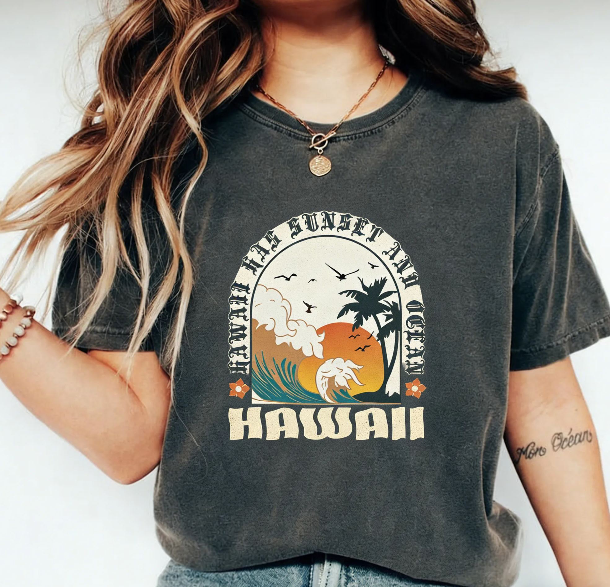 Retro Hawaii Sunset & Palm Tree Graphic Cotton  T-Shirt