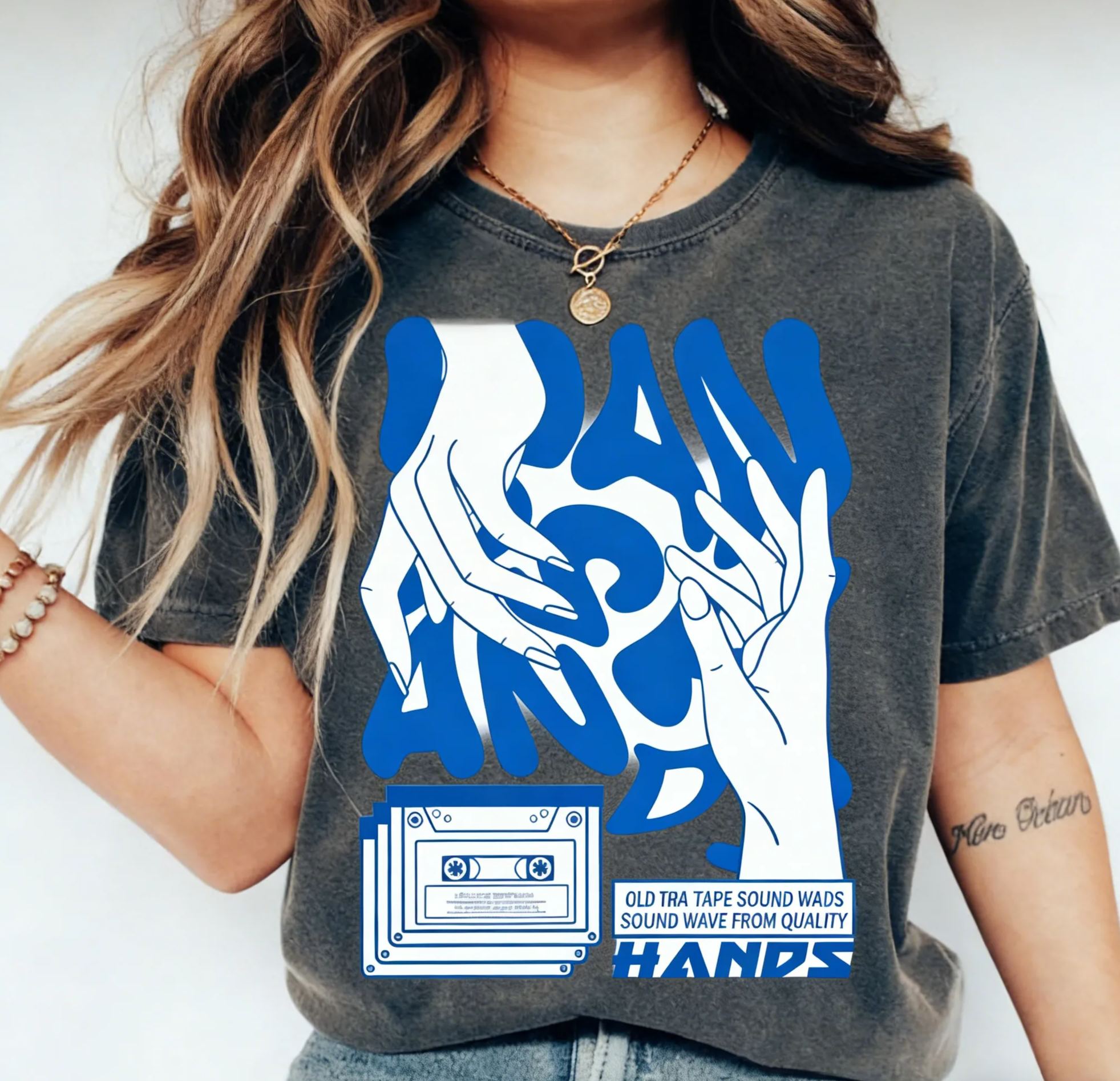 Y2K Cassette Tape & Hands Blue Graphic Cotton T-Shirt