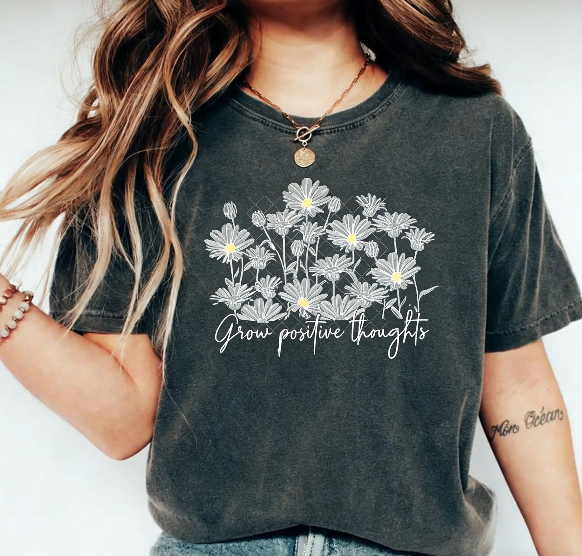 Minimalist Daisy "Grow Positive Thoughts" Cotton T-Shirt