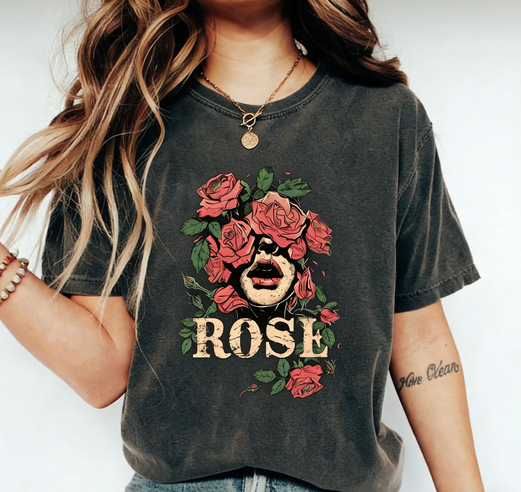 Vintage Rose Face "ROSE" Graphic Cotton T-Shirt
