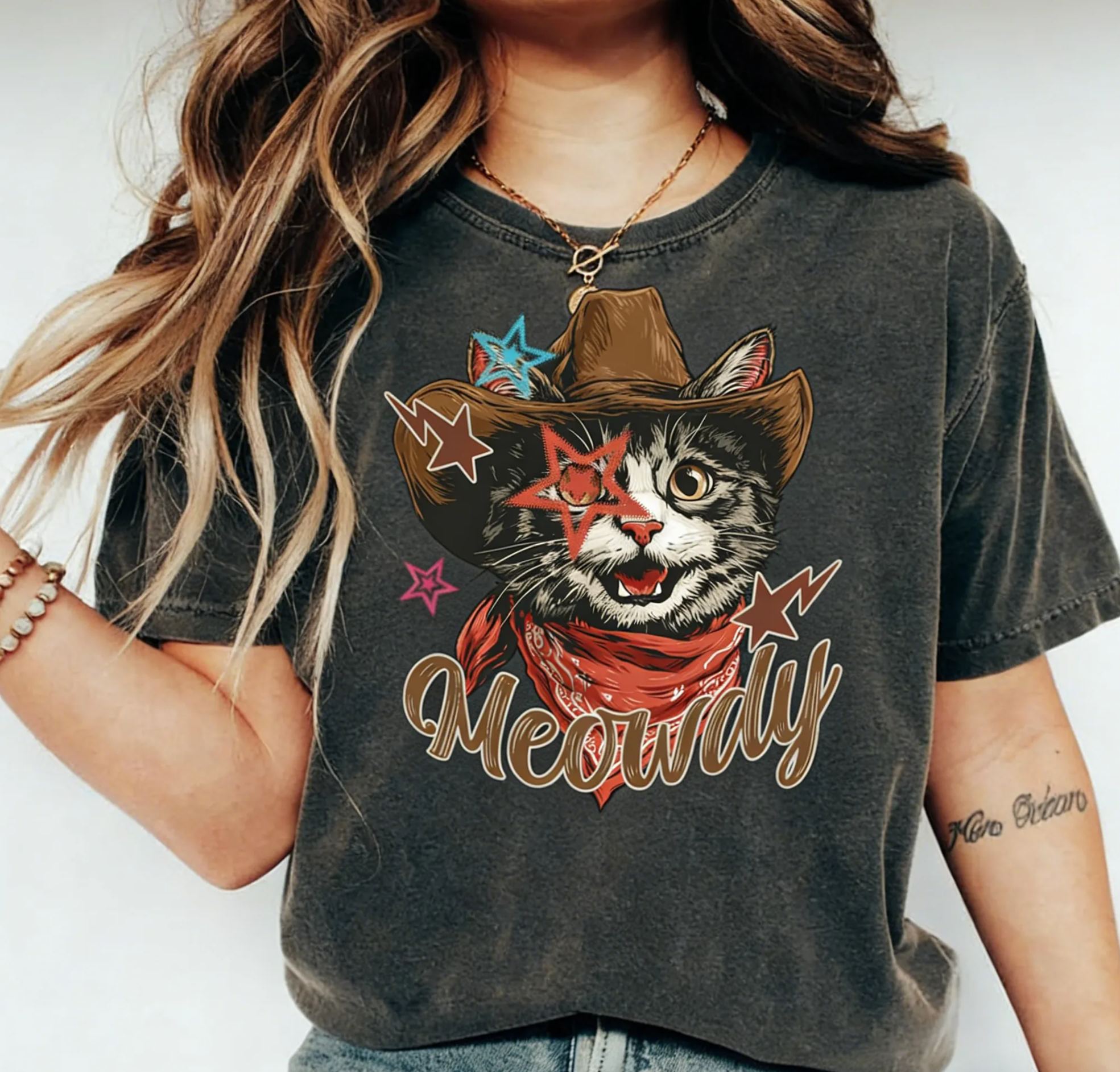 Western Cowboy Cat "Meowdy" Retro Cotton T-Shirt