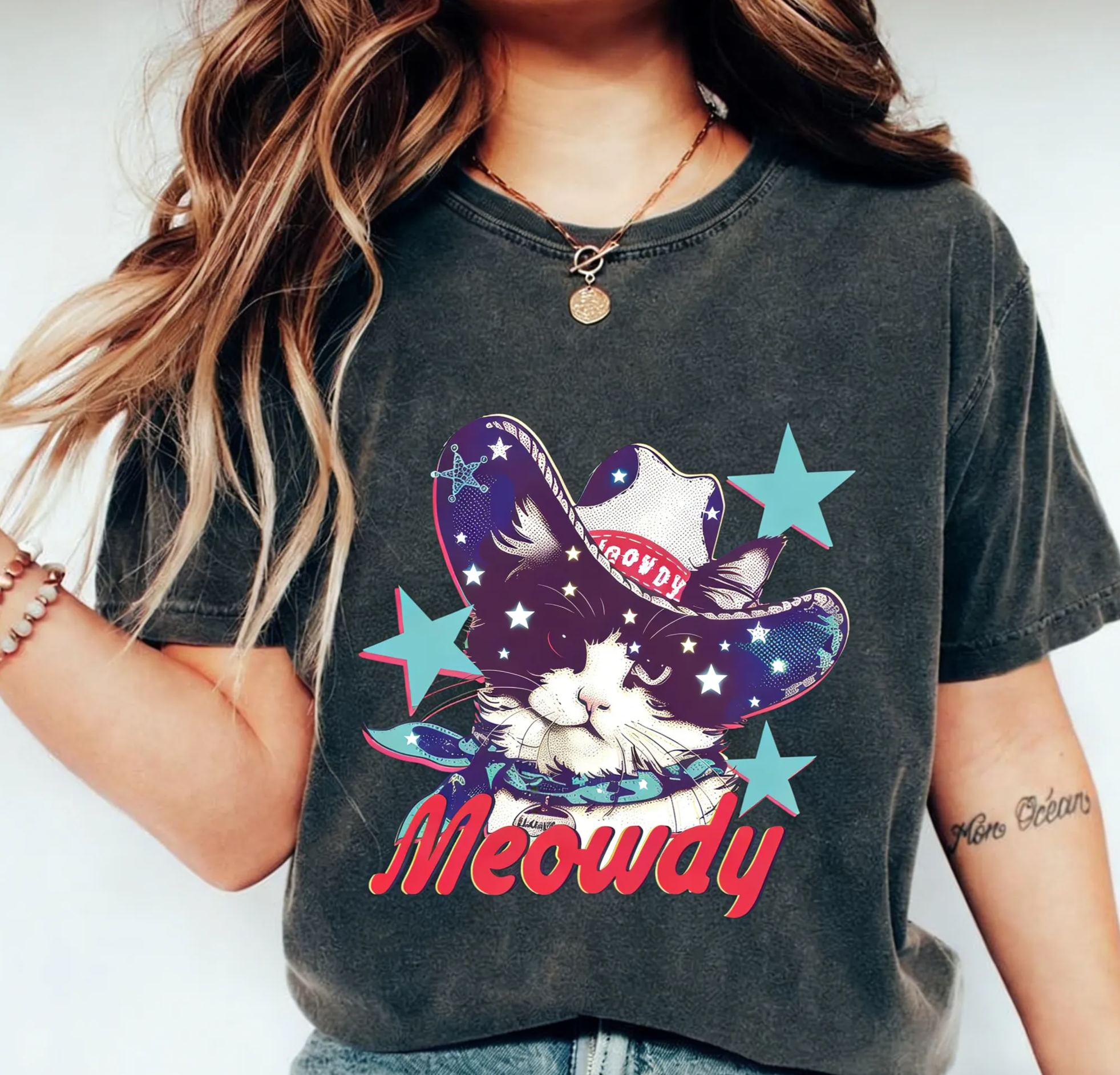 Cosmic Cowboy Cat "Meowdy" Graphic Cotton T-Shirt