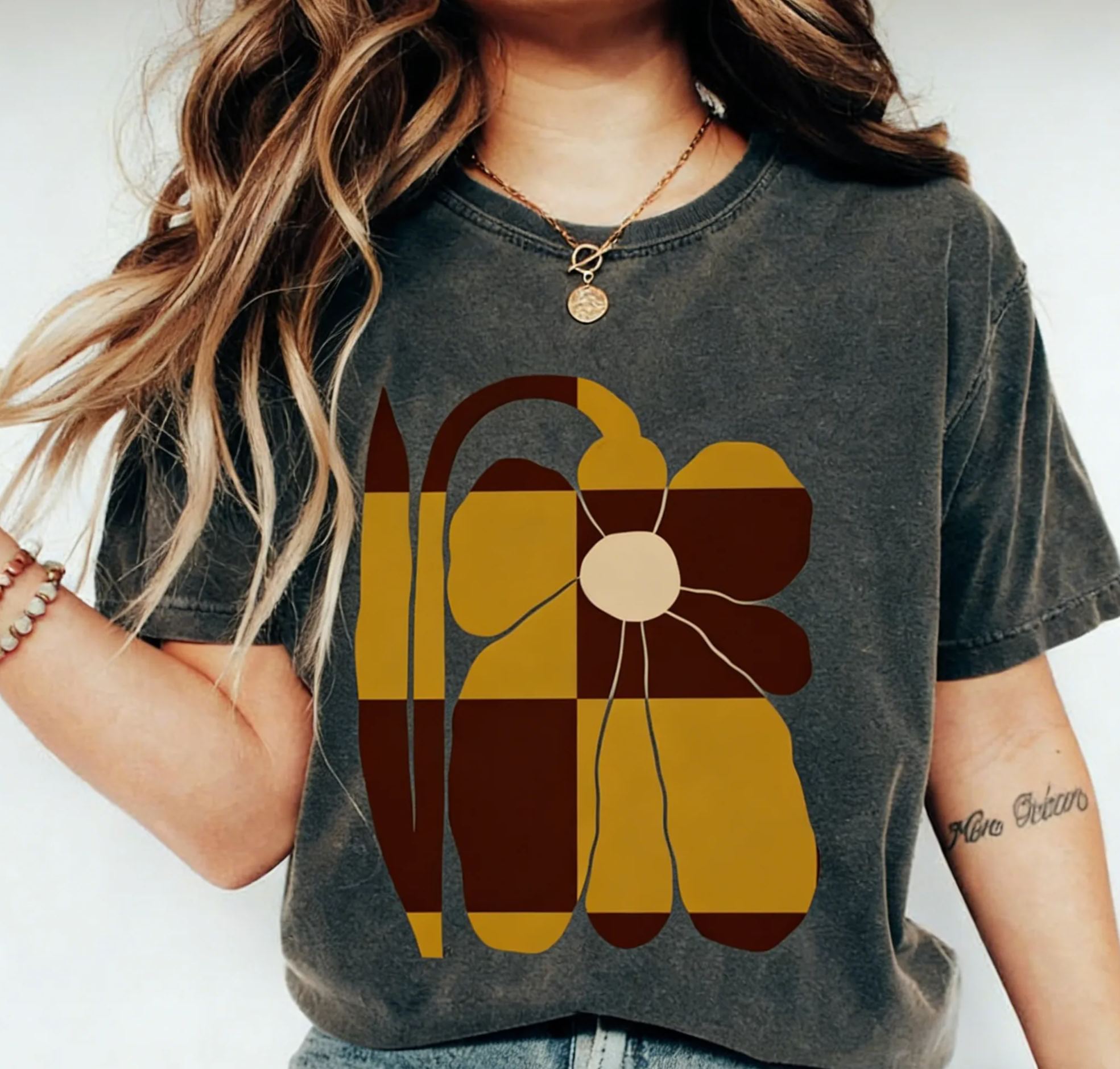 Retro Checkered Mustard Floral Block Cotton T-Shirt