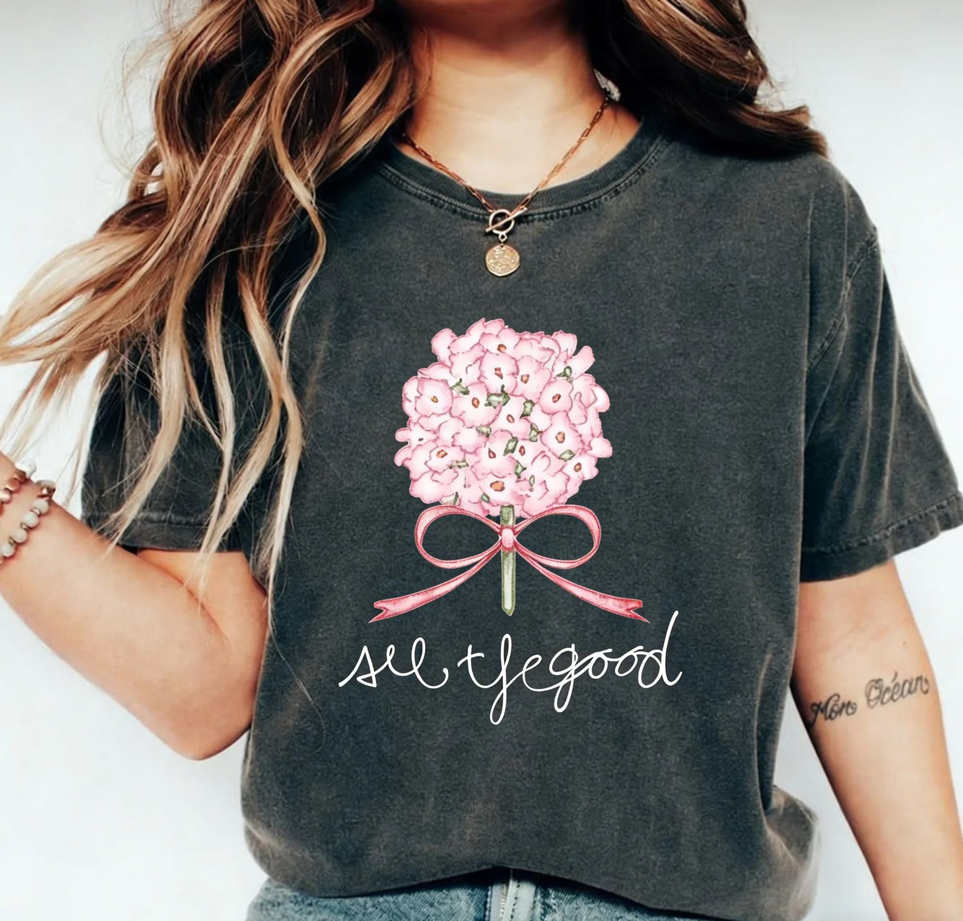 Cute Pink Flower Bouquet "All The Good" Cotton T-Shirt