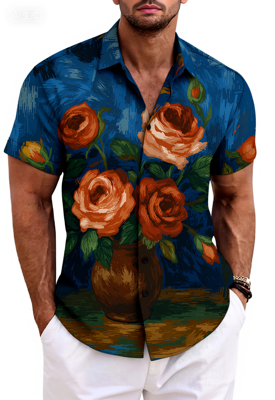 Van Gogh Rose Print Cotton Shirt