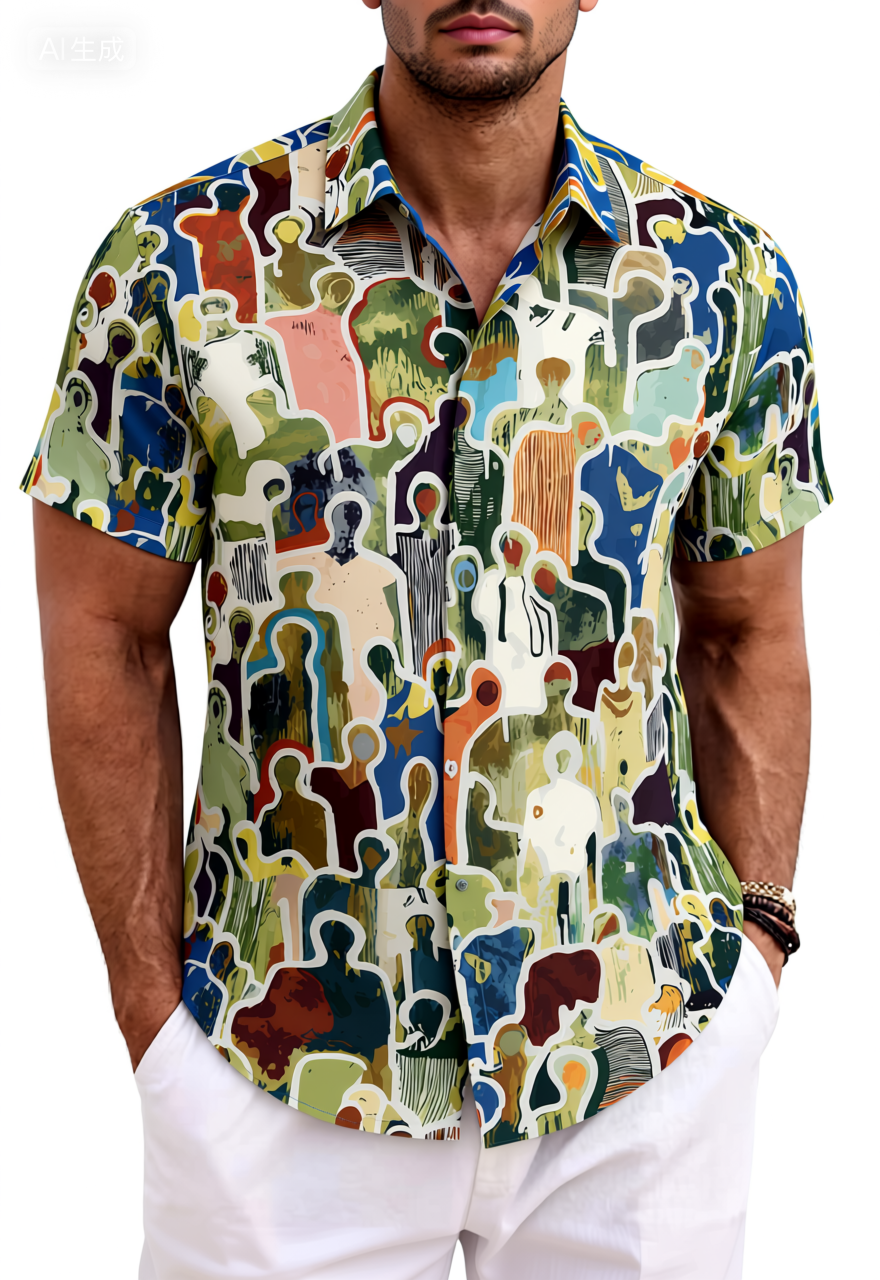 Colorful Crowd Silhouette Cotton Artistic Shirt