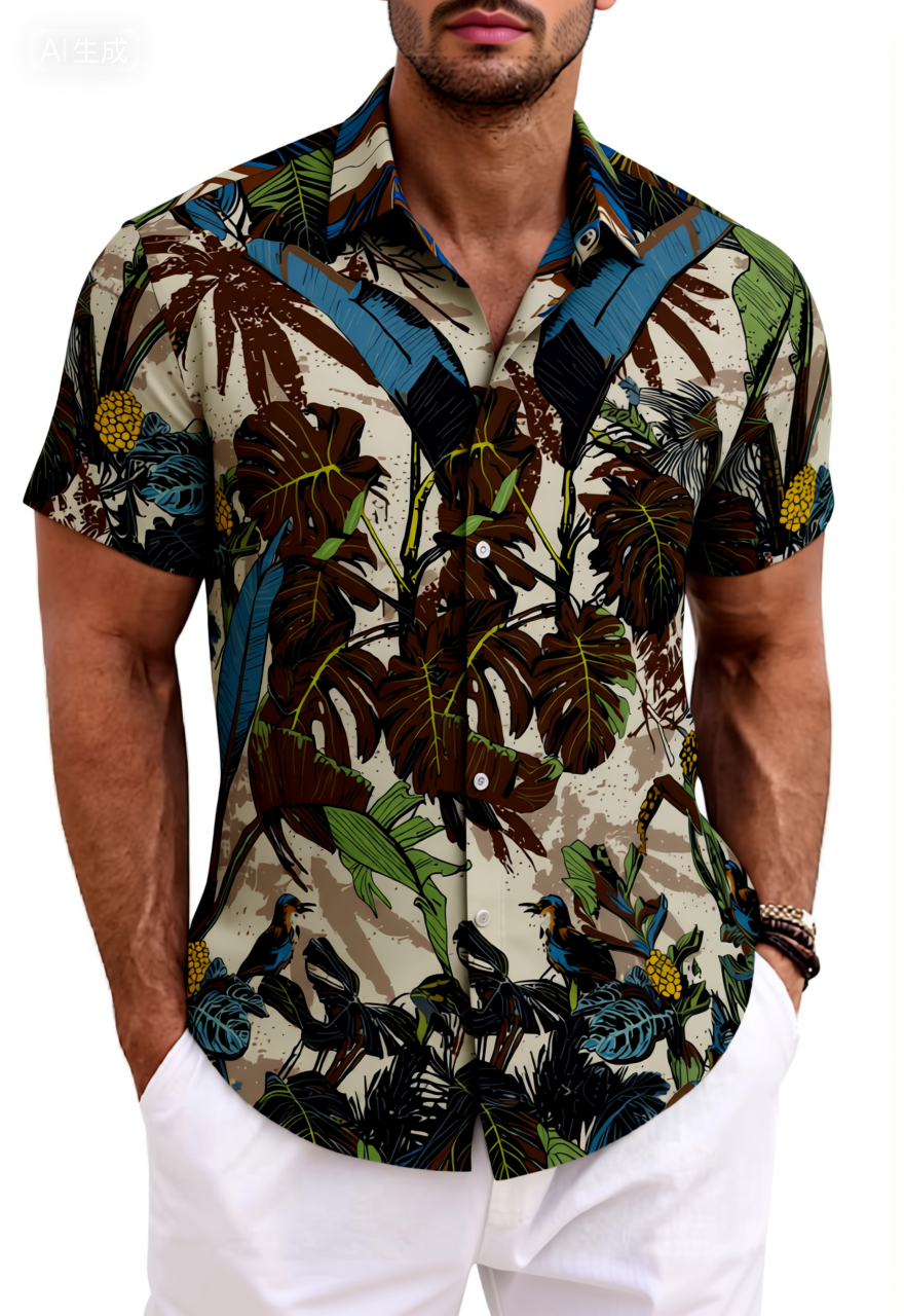 Tropical Monstera & Bird Print Cotton Hawaiian Shirt